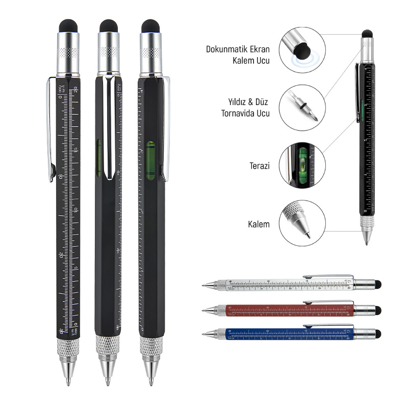 652 Siyah Metal Su Terazili – Tornavidalı Touchpen Kalem - Promosyon Kalemler Promosyon Ürünü