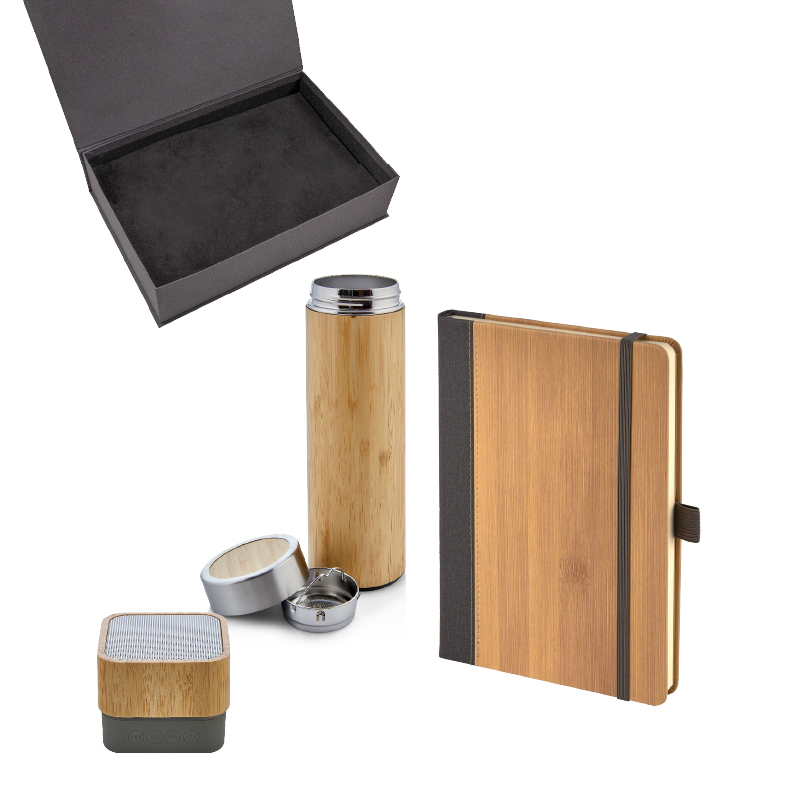 5080 Bambu Defter & Hoparlör & Termos Set - Kutulu Hediyelik Setler Promosyon Ürünü