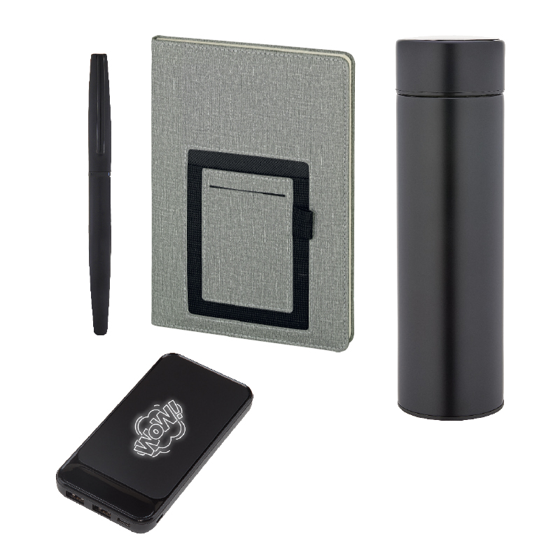 5066 Siyah Defter & Kalem & Powerbank & Termos Set - Sadıç Promosyon