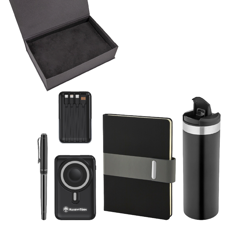 5078 Siyah Kalem & Defter & Powerbank & Termos Set - Sadıç Promosyon
