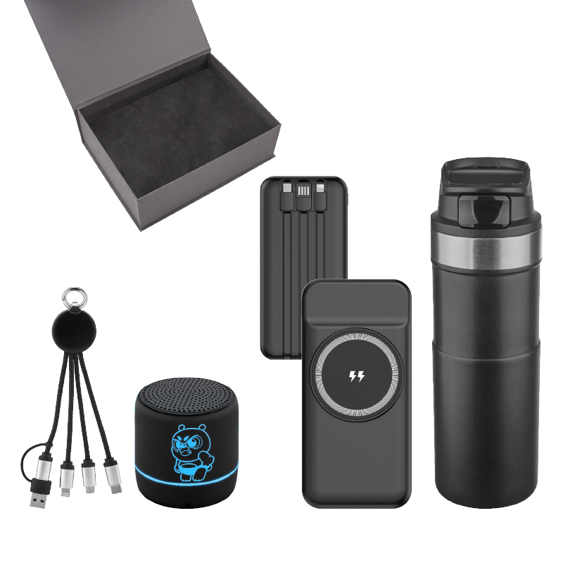 Ucuz Toptan Promosyon 5082 Siyah Powerbank & Kablo & Hoparlör & Termos Set Modeli - 2