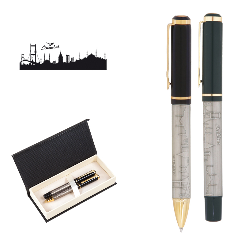 661-RT İstanbul Kabartma Figürlü Metal Roller & Tükenmez Kalem Seti - Sadıç Promosyon