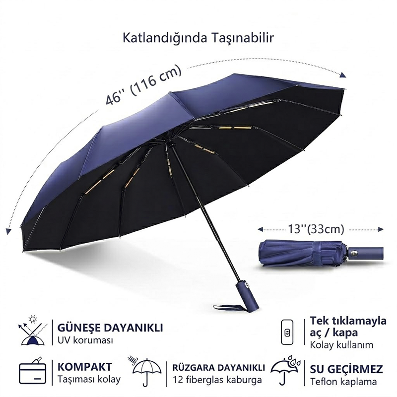 Ucuz Toptan Promosyon 5102 Siyah 12 Telli Şemsiye Modeli - 3